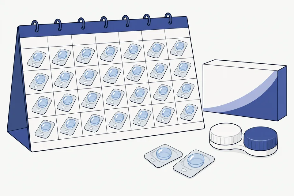 Kalender med små endagsförpackningar bredvid en månadsförpackning och ett linsetui