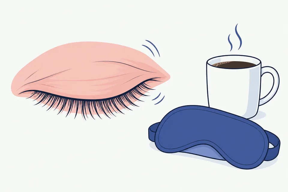 Närbild av ett ögonlock med små rörelselinjer, kaffekopp och sovmask bredvid